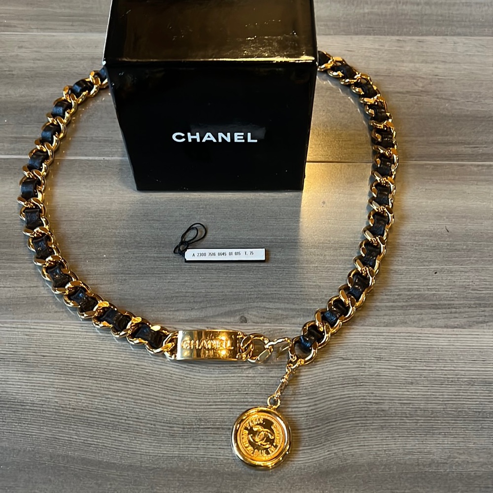 Vintage Chanel CC medallion gold chain w/ black leather, Chanel original design.